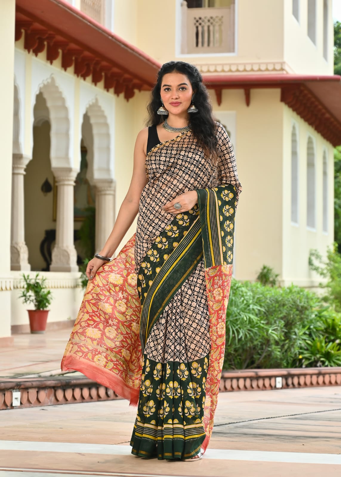 Chanderi Silk Block Printed Saree With Blouse Piece - BFSCSA6