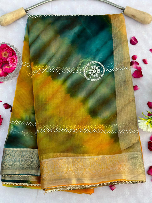 Organza Multi Die Hand Work Best Quality Saree With Blouse BFSLB38