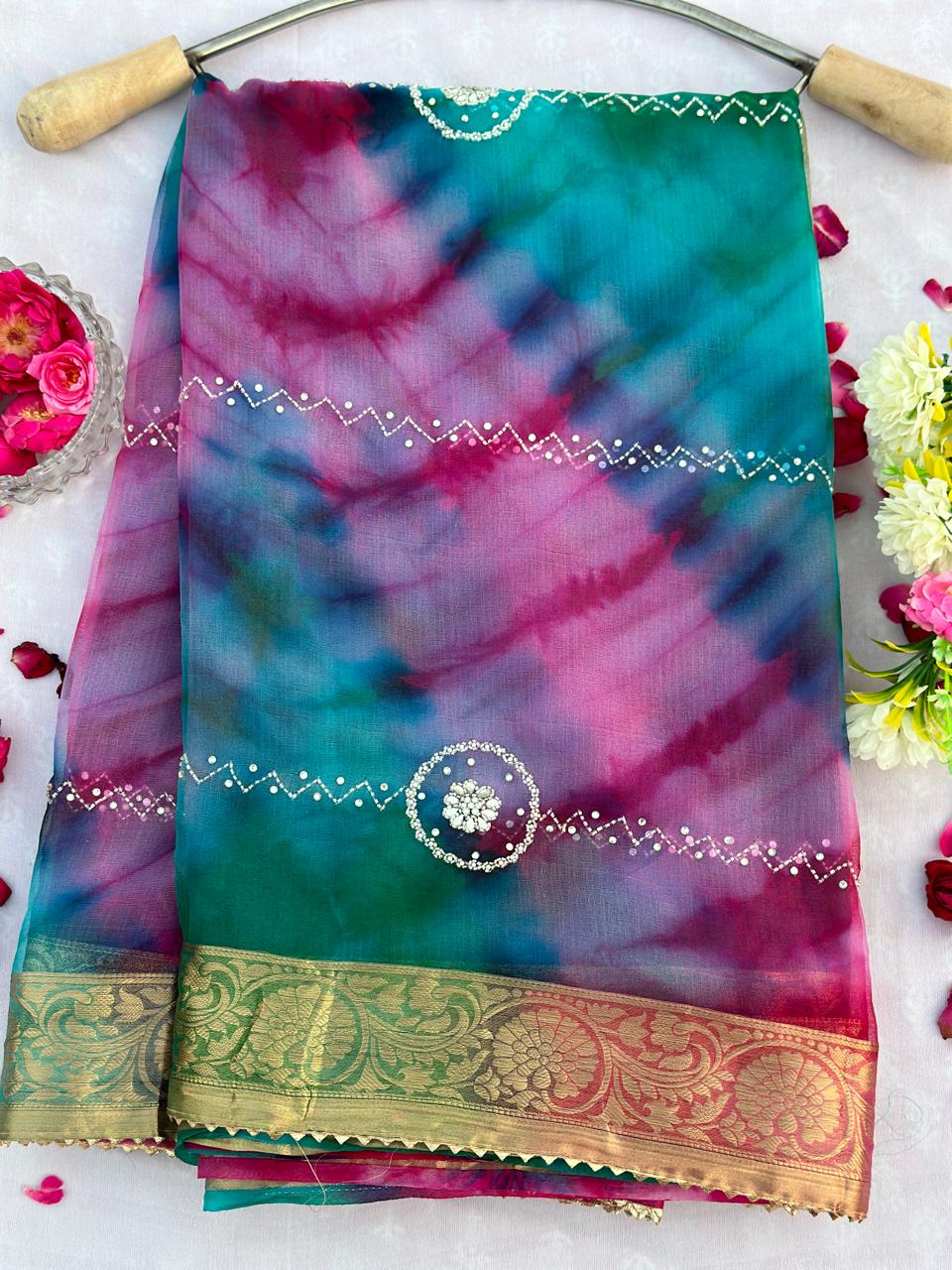 Organza Multi Dye Hand Work Best Quality Saree With Blouse BFSLB39