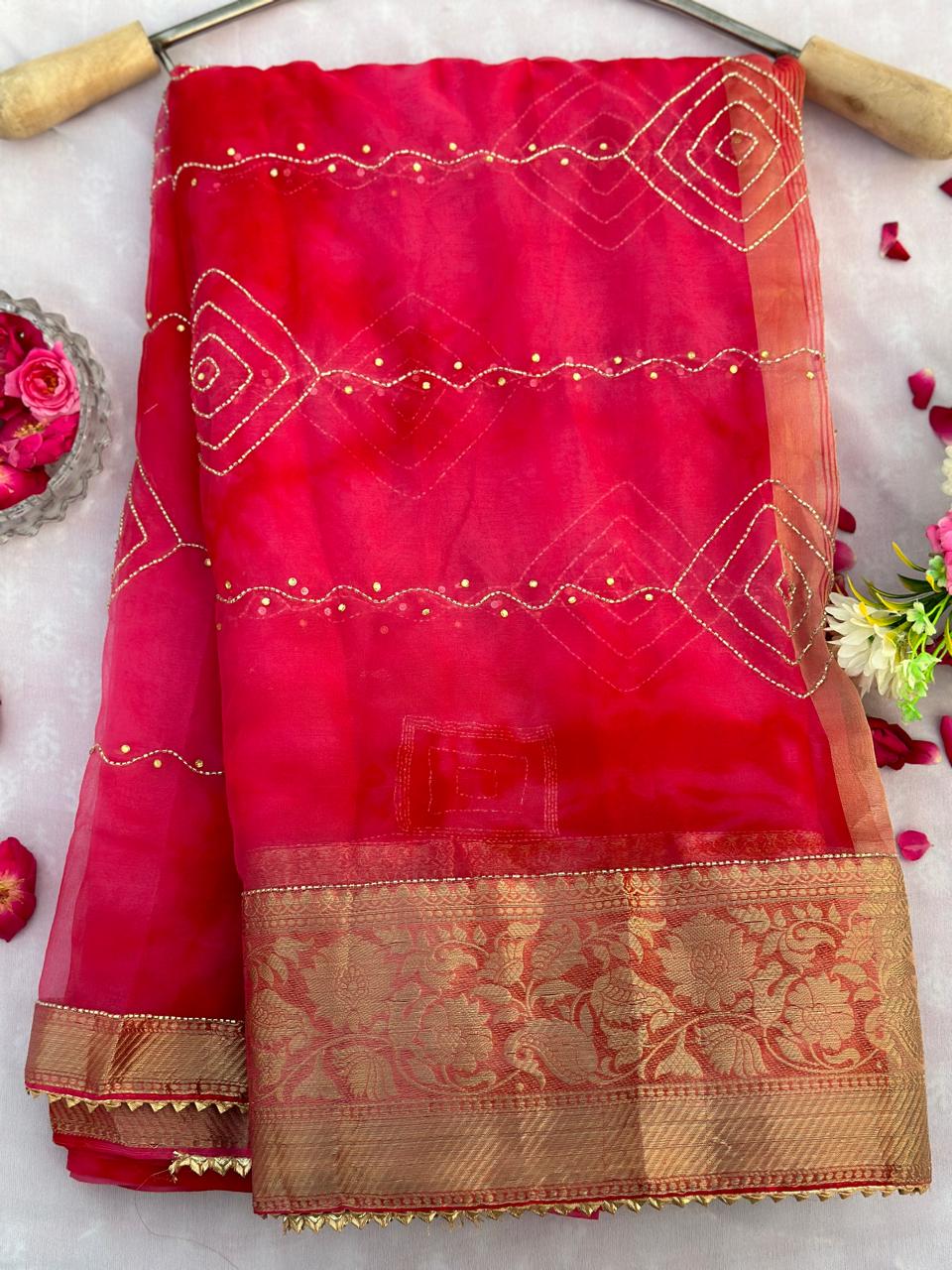 Organza Tie Die Hand Work Best Quality Saree With Blouse BFSLB46