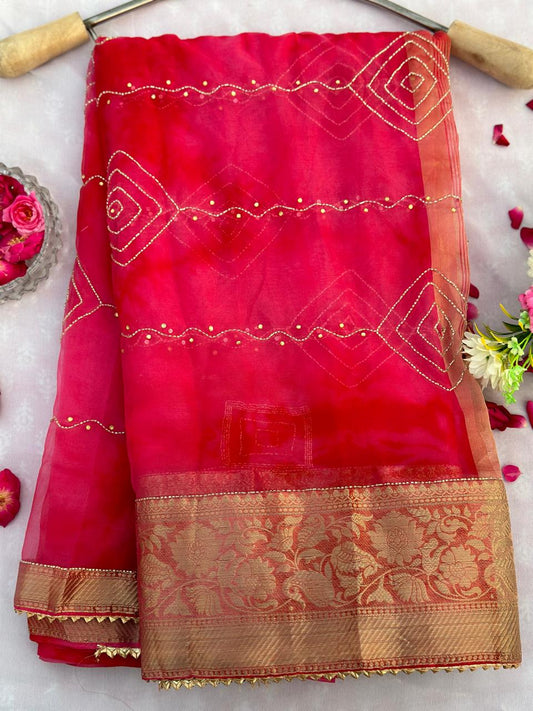 Organza Tie Die Hand Work Best Quality Saree With Blouse BFSLB46