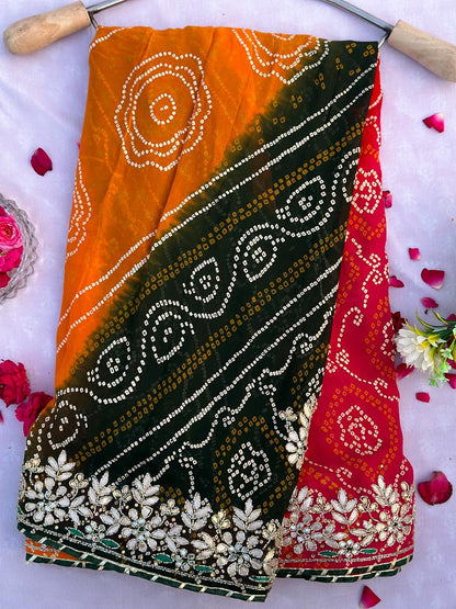 Heavy Georgette Barik Rai Bandhej Panchrangi Hand Work Chunri Best Quality Saree With Blouse BFSLB49