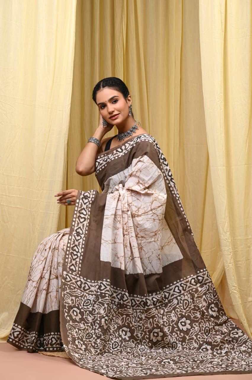 Premium Mul Cotton Hand Block Printed Saree With Blouse Piece - BFSBTC49