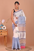 Sky Blue & Off-White Floral Buti Print Bagru Hand Block Printed Mul Cotton Saree With Blouse Piece