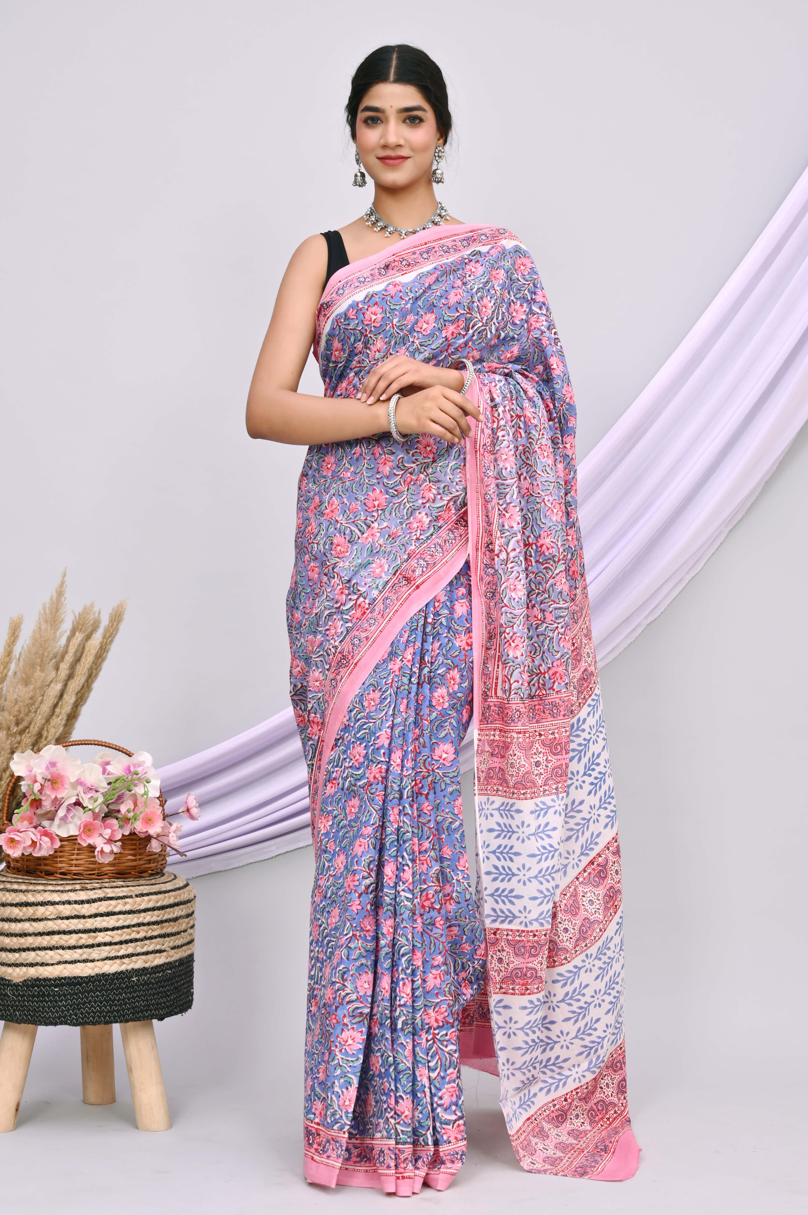 Bagru Cotton Hand Block Printed Saree With Blouse Piece - BFSGC29