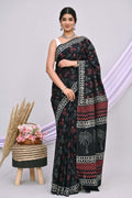 Bagru Cotton Hand Block Printed Saree With Blouse Piece - BFSGC30