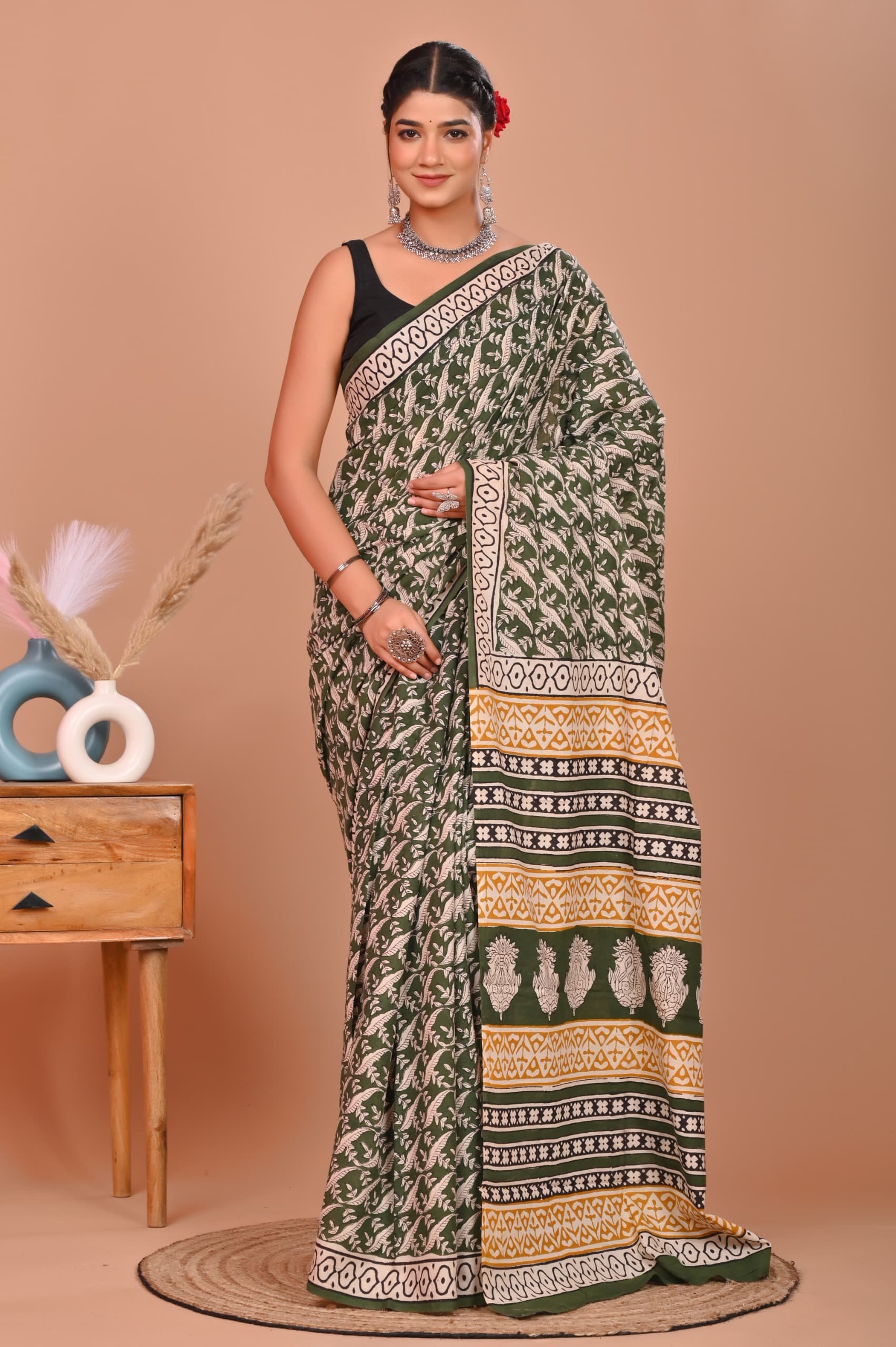 Bagru Cotton Hand Block Printed Saree With Blouse Piece - BFSGC5