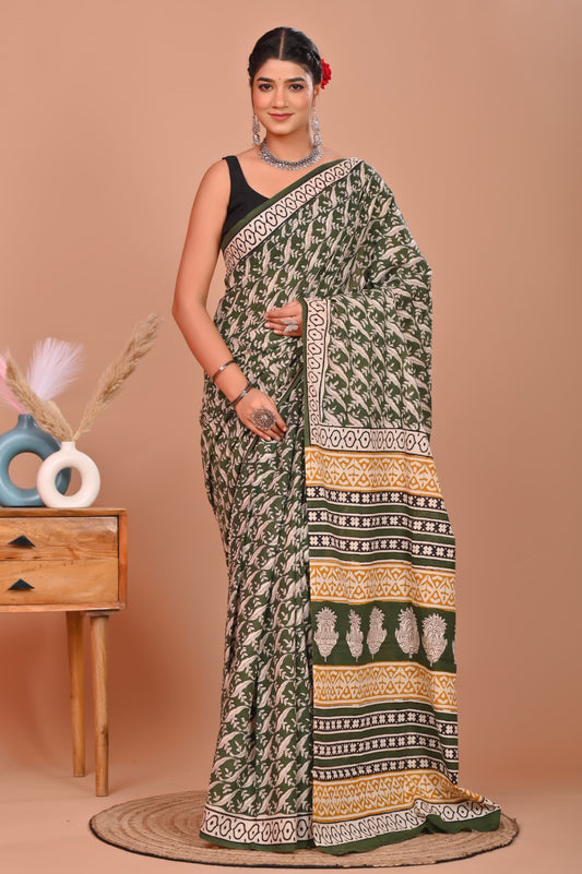 Bagru Cotton Hand Block Printed Saree With Blouse Piece - BFSGC5