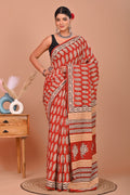 Crimson Red & Black Paisley Buti Bagru Cotton Hand Block Printed Saree With Blouse Piece