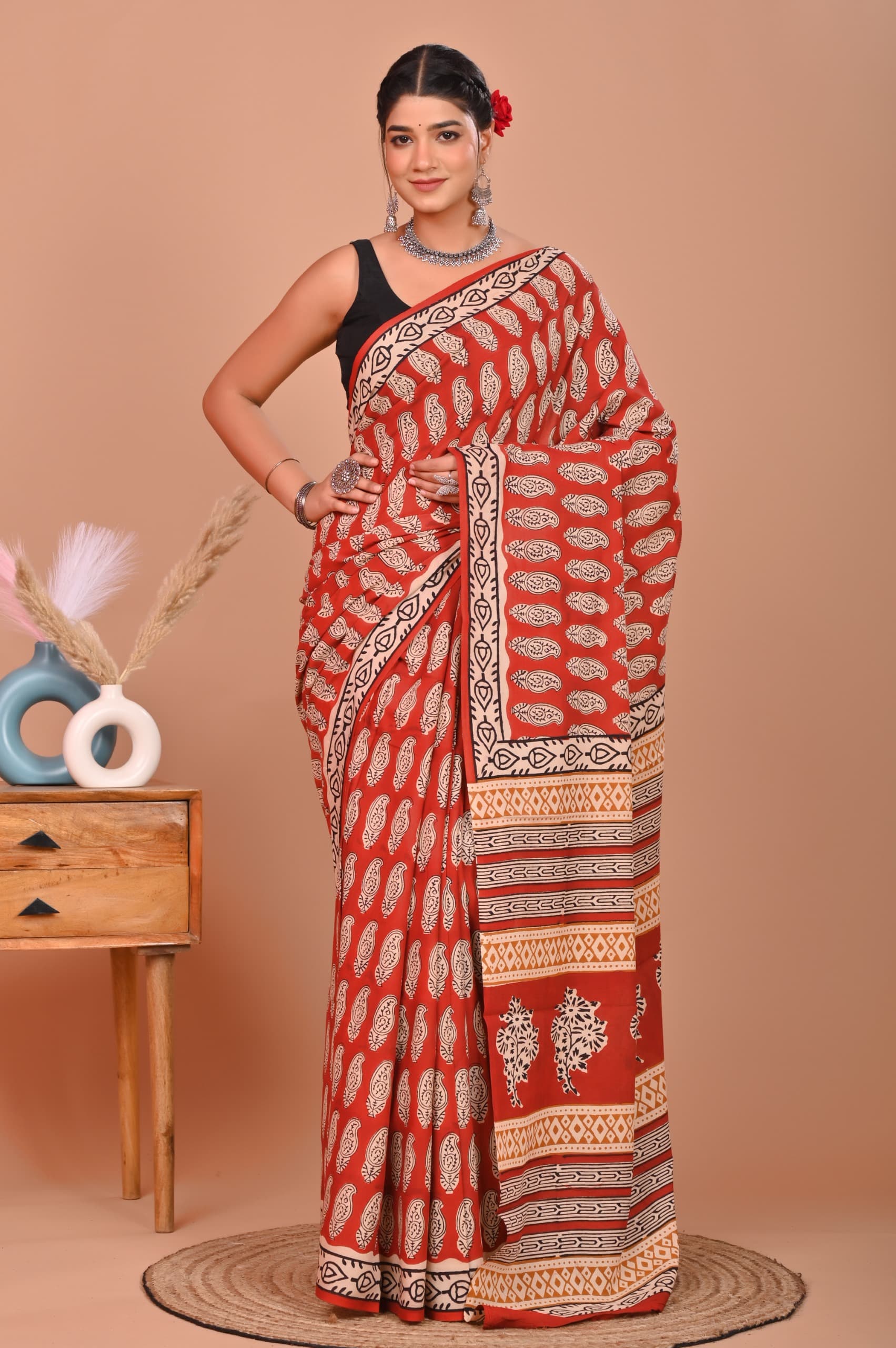 Bagru Cotton Hand Block Printed Saree With Blouse Piece - BFSGC6