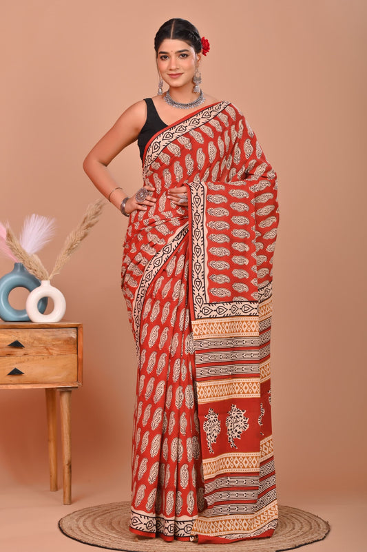 Bagru Cotton Hand Block Printed Saree With Blouse Piece - BFSGC6