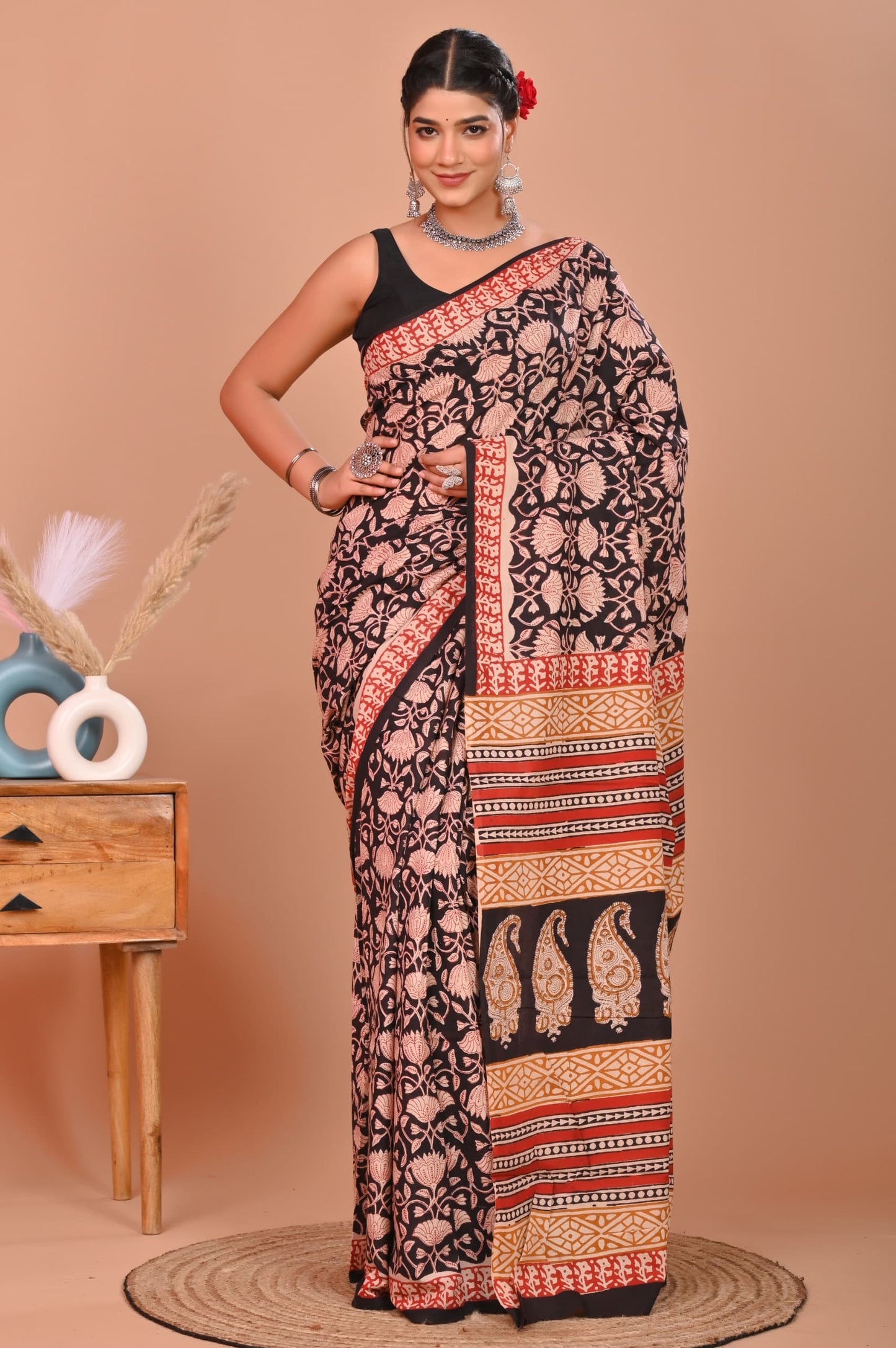 Bagru Cotton Hand Block Printed Saree With Blouse Piece - BFSGC7