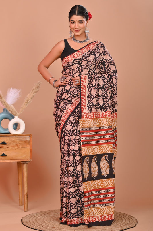 Bagru Cotton Hand Block Printed Saree With Blouse Piece - BFSGC7
