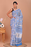 Blue & White Floral Jaal Bagru Hand Block Printed Mul Cotton Saree With Blouse Piece