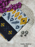 Mustard Yellow & Black Geometric Motifs Bagru Cotton Screen Printed Saree With Blouse Piece