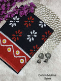 Black & Red Floral Buti Bagru Cotton Screen Printed Saree With Blouse Piece