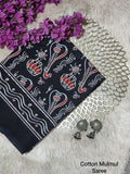 Black & Red Traditional Motif Bagru Cotton Screen Printed Saree With Blouse Piece