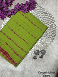 Olive Green & Maroon Stripe Motifs Bagru Cotton Screen Printed Saree With Blouse Piece