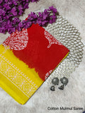 Red & Yellow Leaf Motif Bagru Cotton Screen Printed Saree With Blouse Piece