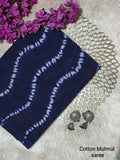 Indigo Blue & White Leaf Motif Bagru Cotton Screen Printed Saree With Blouse Piece