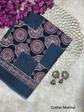 Navy Blue & Red Mandala Print Bagru Cotton Screen Printed Saree With Blouse Piece
