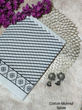 Black & White Striped Border Bagru Cotton Screen Printed Saree With Blouse Piece