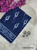 Navy Blue & Off-White Peacock Motif Bagru Cotton Screen Printed Saree With Blouse Piece