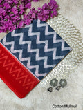 Navy Blue & Red Geometric Chevron Bagru Cotton Saree With Blouse Piece