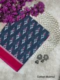 Charcoal Grey & Pink Geometric Motif Bagru Cotton Screen Printed Saree With Blouse Piece