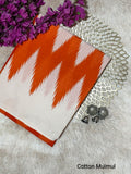 Orange & White Geometric Chevron Bagru Cotton Screen Printed Saree With Blouse Piece