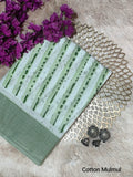 Olive Green & Cream Stripe Print Bagru Cotton Saree With Blouse Piece