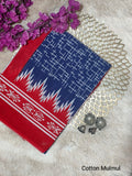 Navy Blue & Red Geometric Chevron Bagru Cotton Screen Printed Saree With Blouse Piece