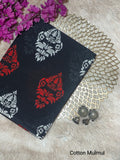 Black & Red Floral Motif Bagru Cotton Screen Printed Saree With Blouse Piece