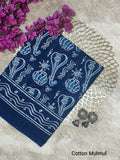 Indigo Blue & White Musical Motif Bagru Screen Printed Mul Cotton Saree With Blouse Piece