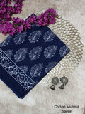Indigo Blue & White Leaf Motif Bagru Cotton Screen Printed Saree With Blouse Piece