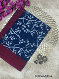 Navy Blue & Maroon Leaf Motif Bagru Cotton Screen Printed Saree With Blouse Piece