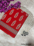 Red & Off-White Leaf Motif Bagru Cotton Screen Printed Saree With Blouse Piece