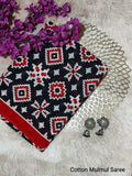 Black & Red Geometric Bagru Cotton Screen Printed Saree With Blouse Piece