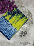 Navy Blue & Yellow Tie Dye Bagru Cotton Screen Printed Saree With Blouse Piece