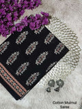 Black & Off-White Leaf Motif Bagru Cotton Screen Printed Saree With Blouse Piece
