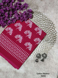 Maroon & White Leaf Motif Bagru Cotton Screen Printed Saree With Blouse Piece