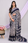 Navy Blue & Off-White Geometric Batik Print Bagru Hand Block Printed Linen Cotton Saree With Blouse Piece