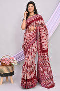 Maroon & Off-White Floral Motifs Batik Hand Block Printed Linen Cotton Saree With Blouse Piece