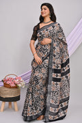 Black & Beige Abstract Batik Print Hand Block Printed Linen Cotton Saree With Blouse Piece