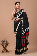 Black & Off-White Geometric Motif Screen Printed Mul Cotton Saree With Blouse Piece