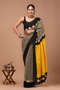 Mustard Yellow & Black Geometric Checkered Screen Printed Mul Cotton Saree With Blouse Piece