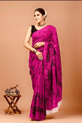 Magenta & Black Leaf Motif Screen Printed Mul Cotton Saree With Blouse Piece