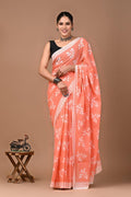 Peach & White Floral Motif Screen Printed Mul Cotton Saree With Blouse Piece