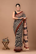 Black & Maroon Leaf Motif Screen Printed Mul Cotton Saree With Blouse Piece