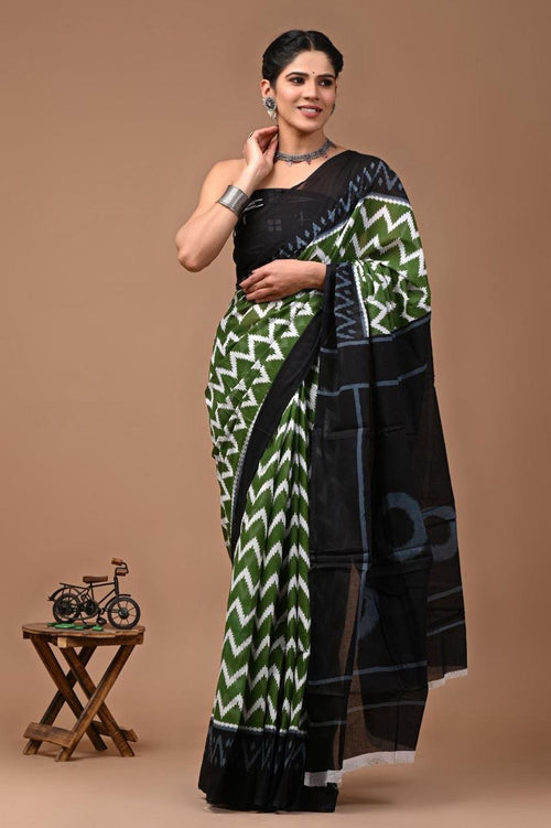 Black & Green Geometric Chevron Screen Printed Mul Cotton Saree With Blouse Piece